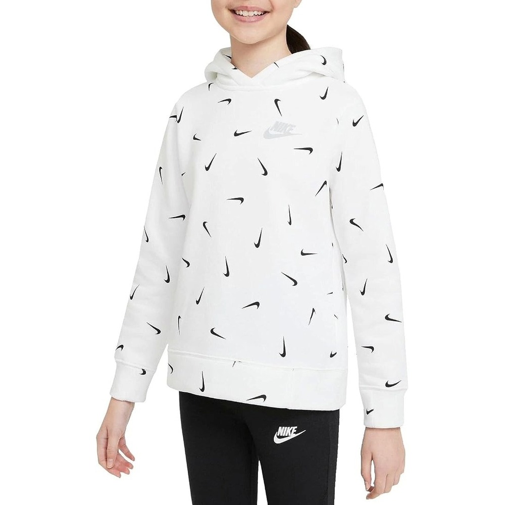 Nike Girls All Over Swoosh Print Hoodie White Black Size Medium M DC3428-100